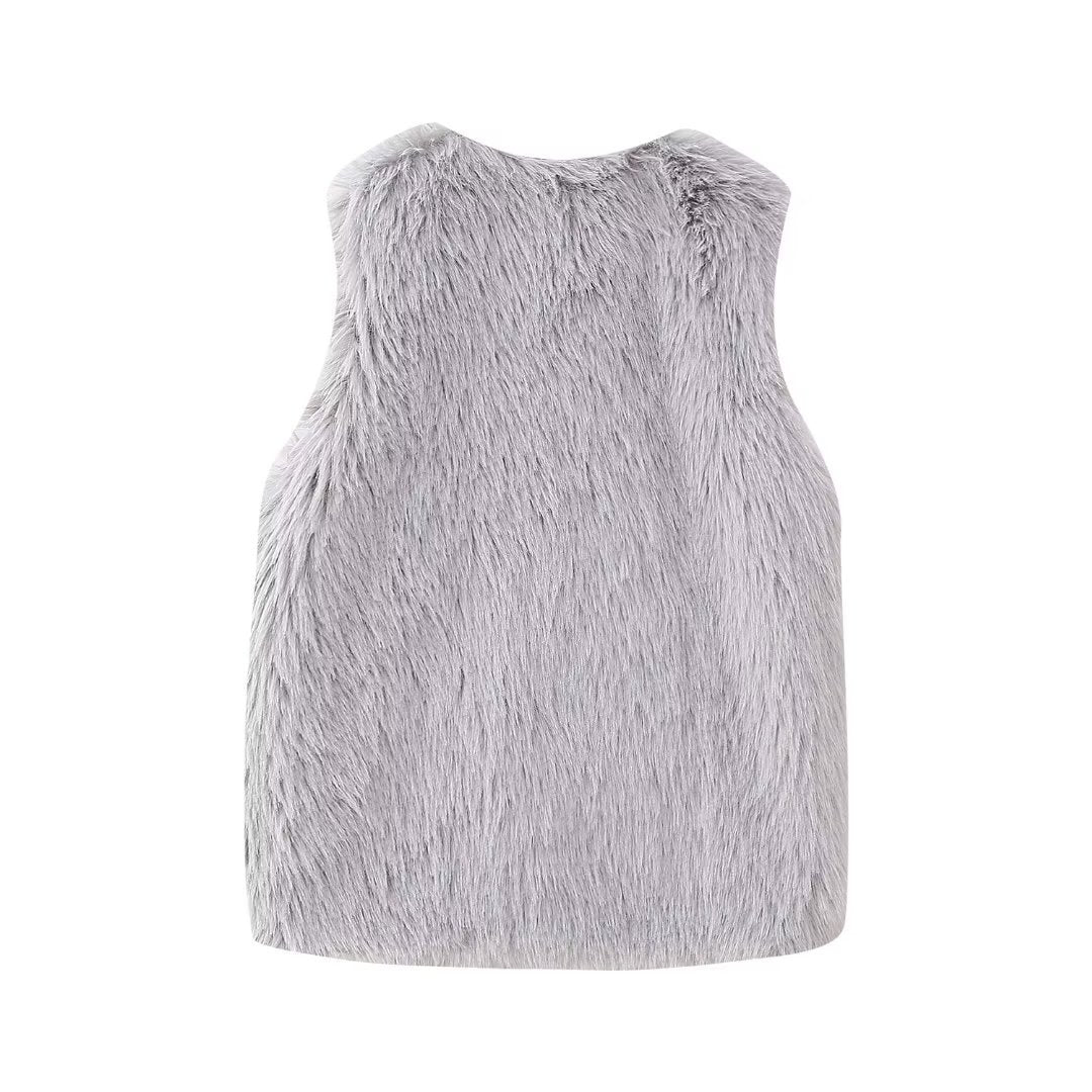 Faux Fur V-Neck Sleeveless Vest - Grey - 1