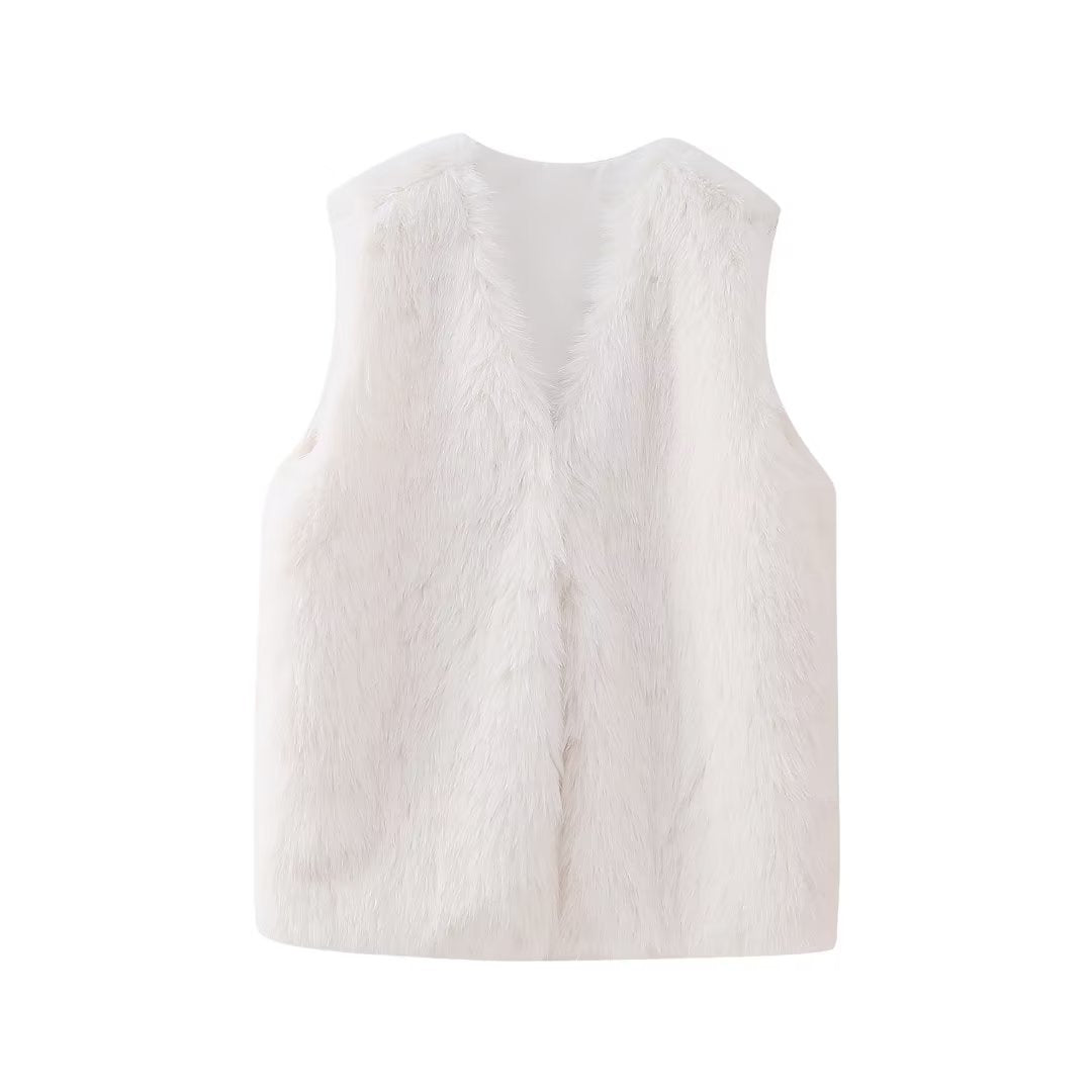 Faux Fur V-Neck Sleeveless Vest - White