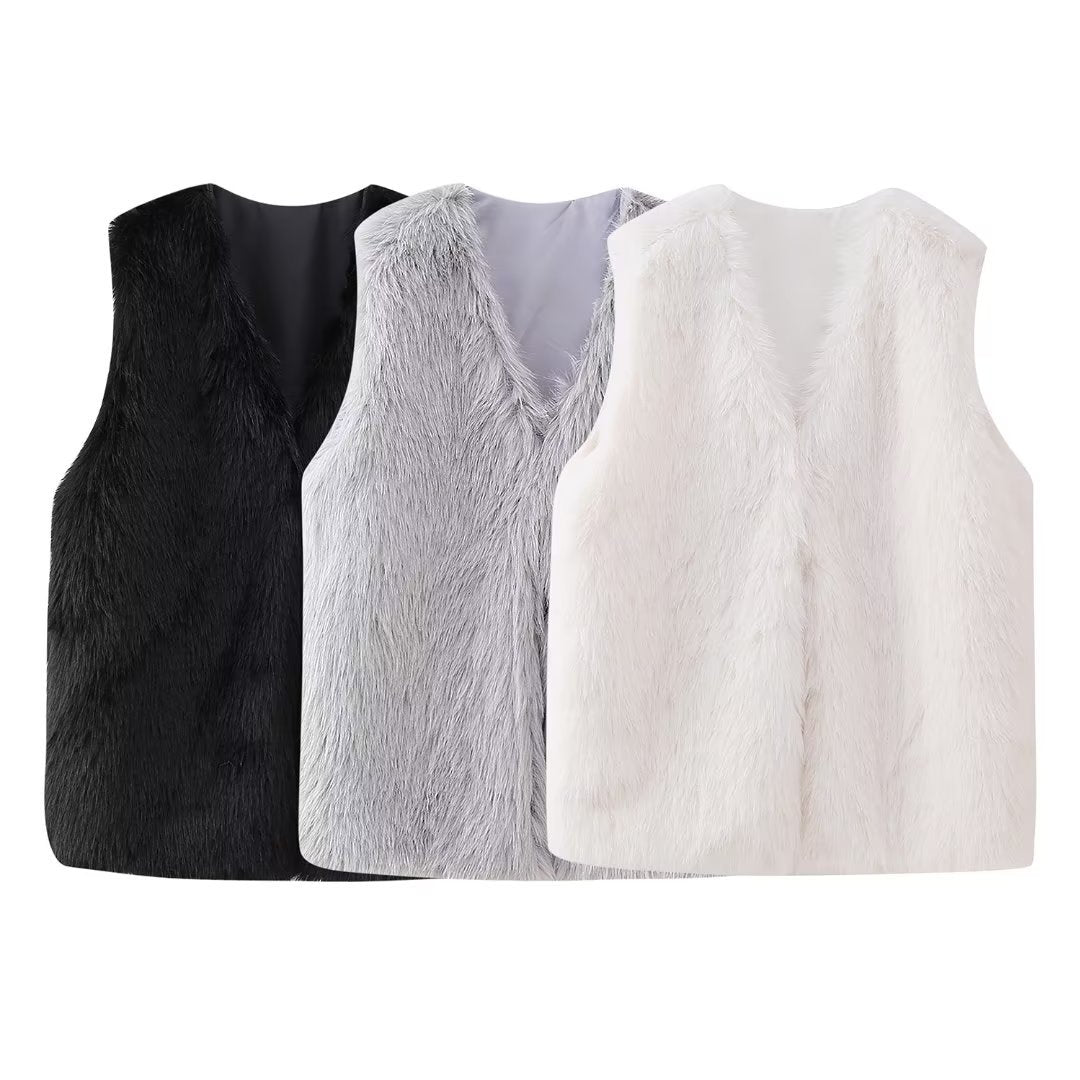 Faux Fur V-Neck Sleeveless Vest - White - 1