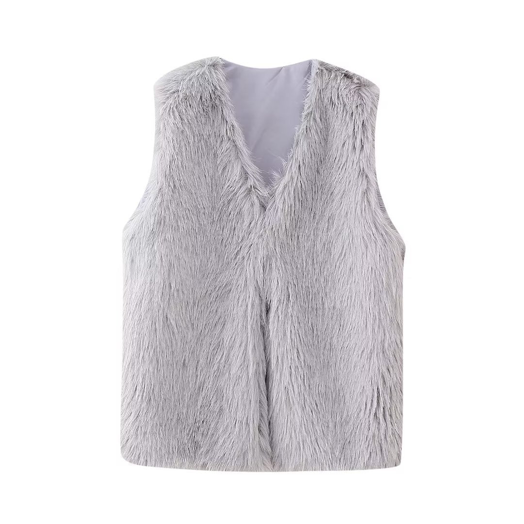 Faux Fur V-Neck Sleeveless Vest