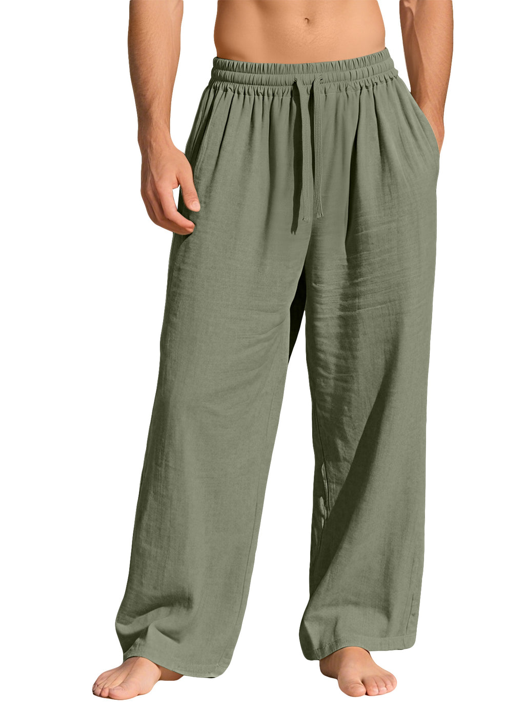 Drawstring Wide Leg Cotton Lounge Pants - ArmyGreen