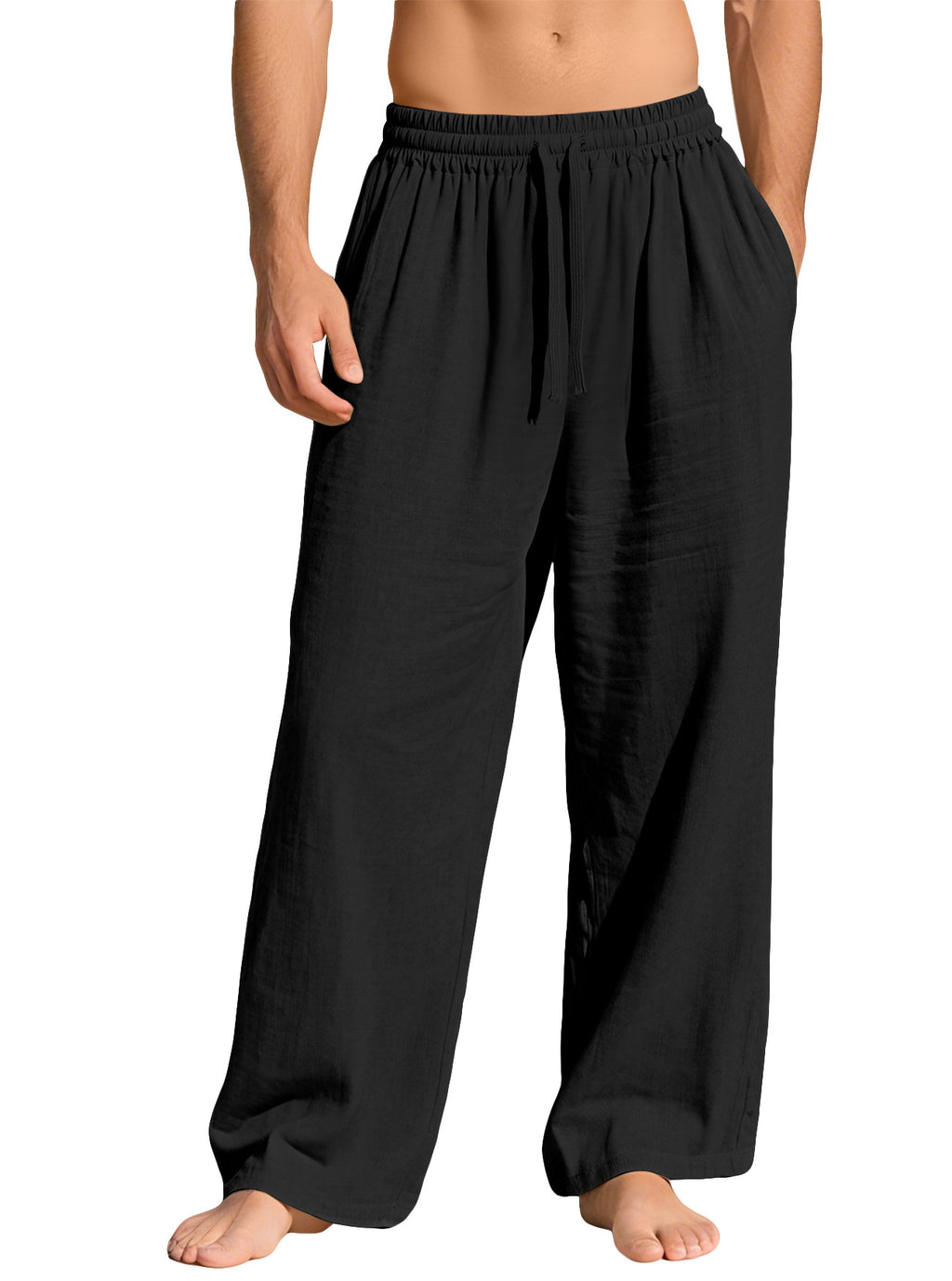 Drawstring Wide Leg Cotton Lounge Pants - Black