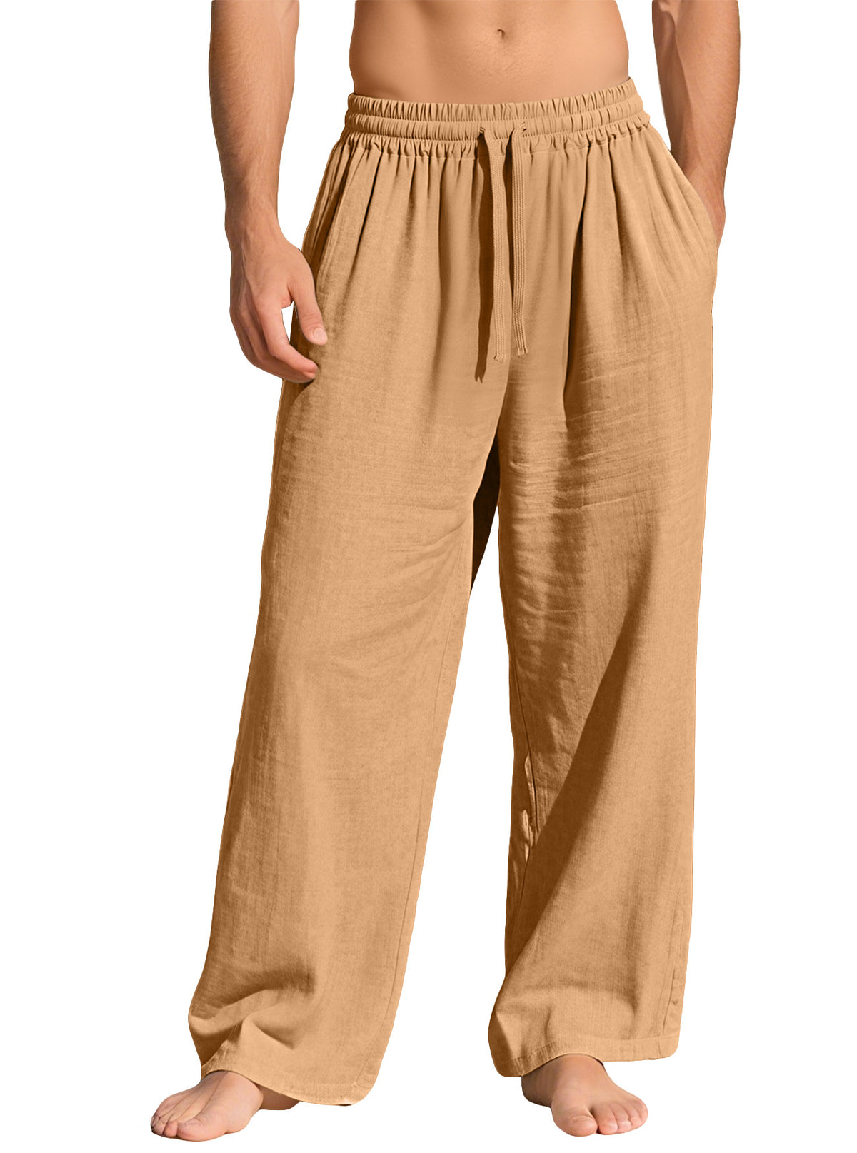 Drawstring Wide Leg Cotton Lounge Pants - EarthyYellow