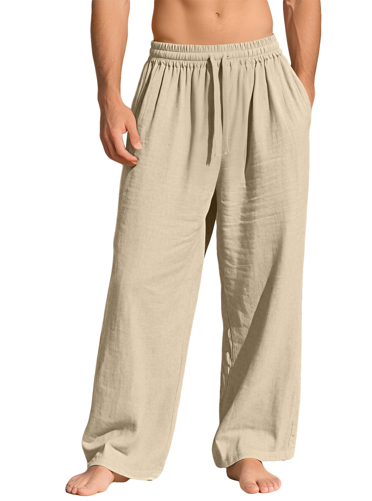 Drawstring Wide Leg Cotton Lounge Pants - Khaki