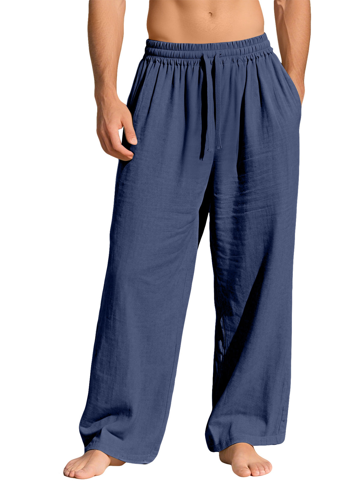 Drawstring Wide Leg Cotton Lounge Pants - Navy