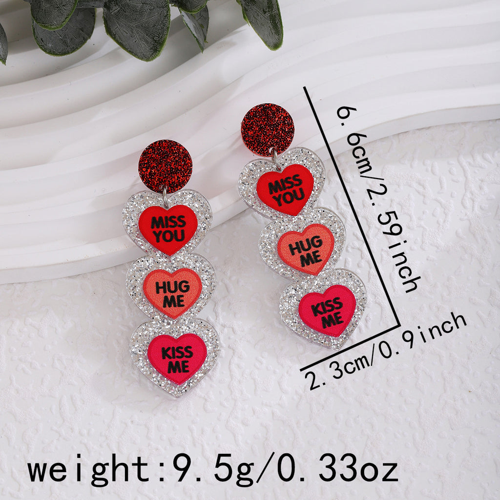 Glitter Heart Slogan Drop Earrings - NO-10