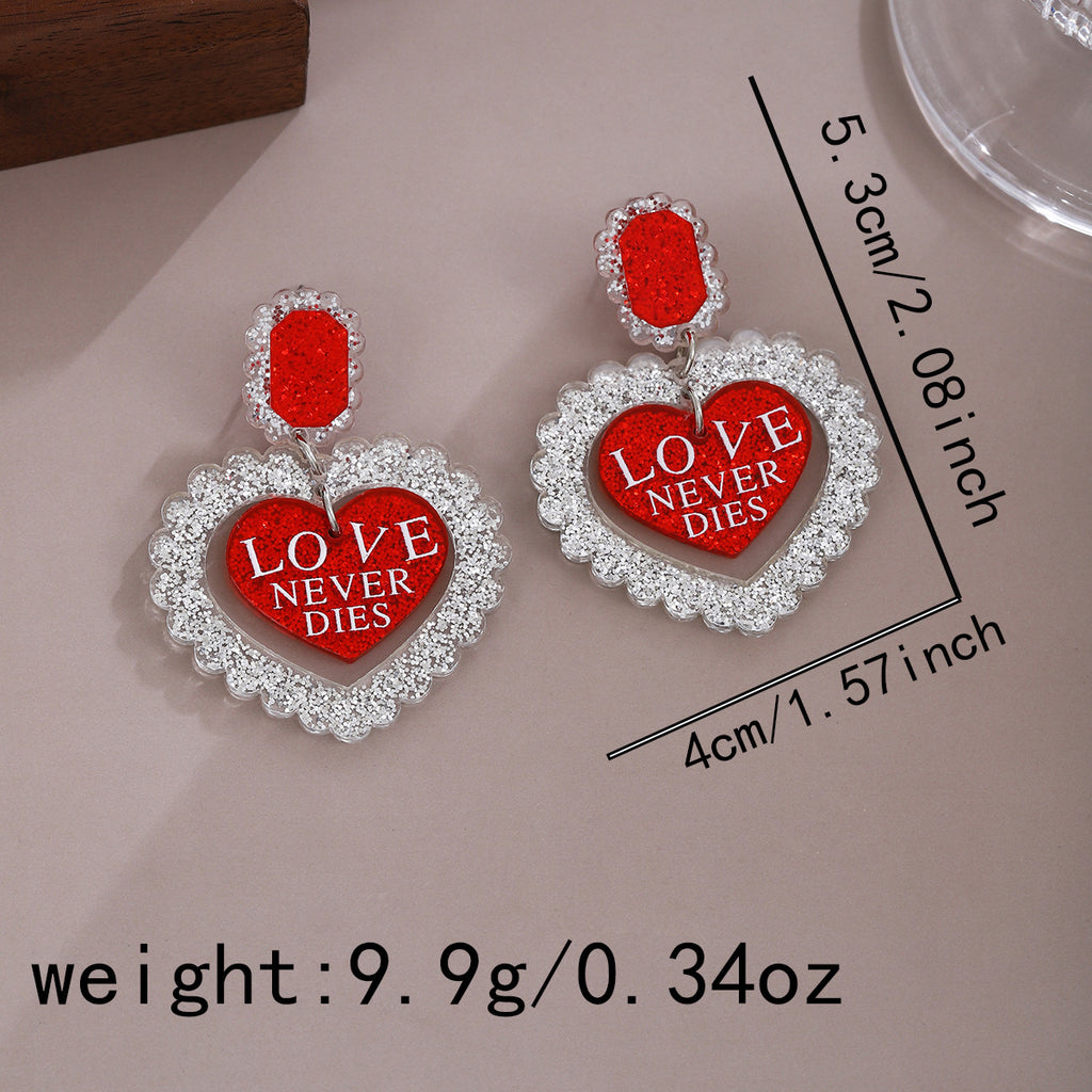 Glitter Heart Slogan Drop Earrings - NO-12