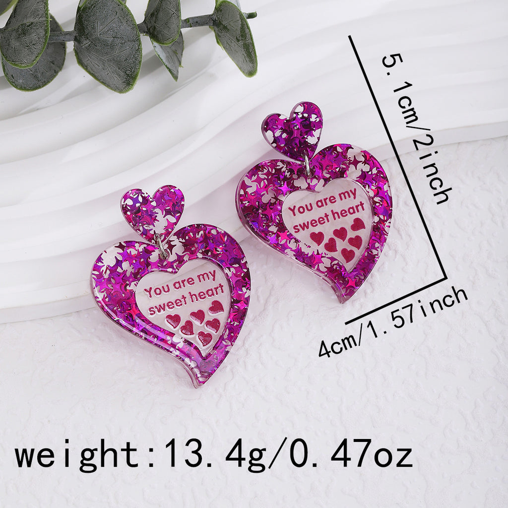Glitter Heart Slogan Drop Earrings - NO-3