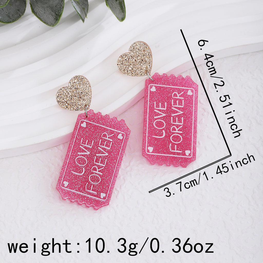 Glitter Heart Slogan Drop Earrings - NO-4