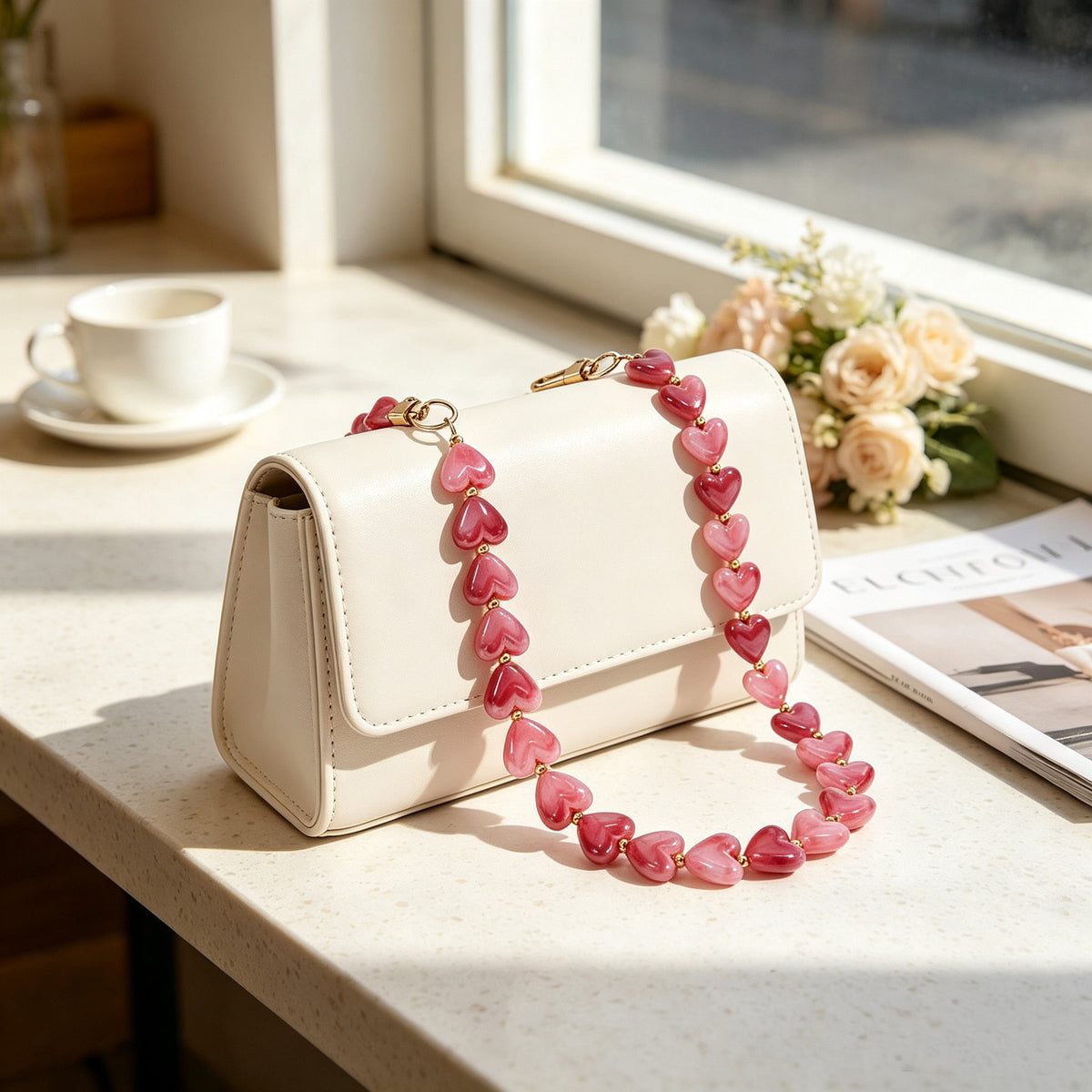 Translucent Heart Bead Swivel Clasp Purse Strap