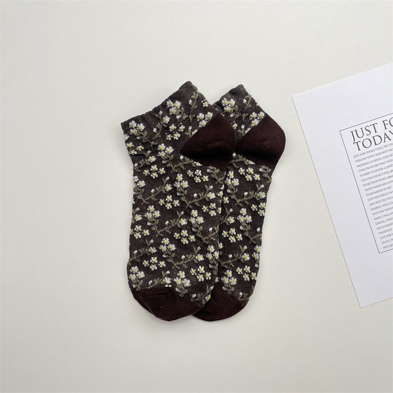 Ditsy Blossom Sheer Low Cut Socks - Coffee
