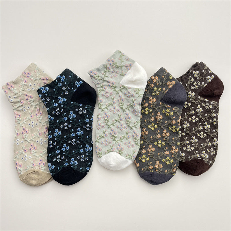Ditsy Blossom Sheer Low Cut Socks - Khaki