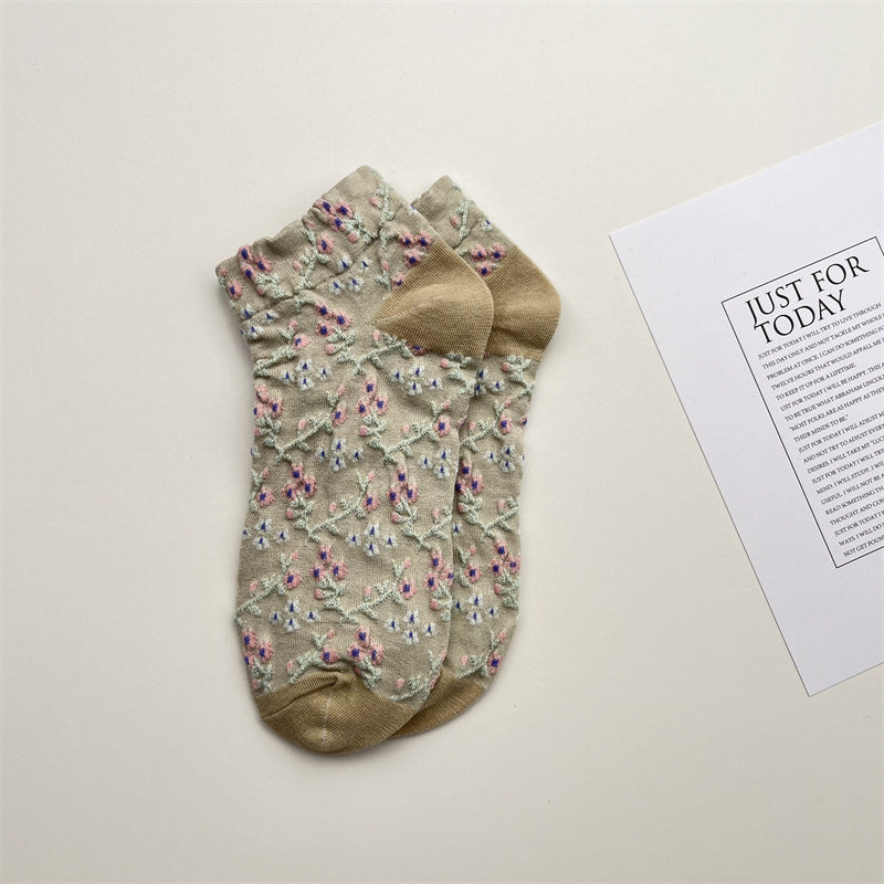 Ditsy Blossom Sheer Low Cut Socks - Khaki - 1