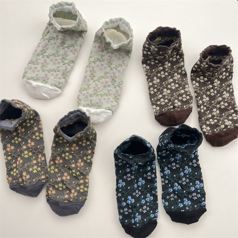 Ditsy Blossom Sheer Low Cut Socks - Khaki - 2