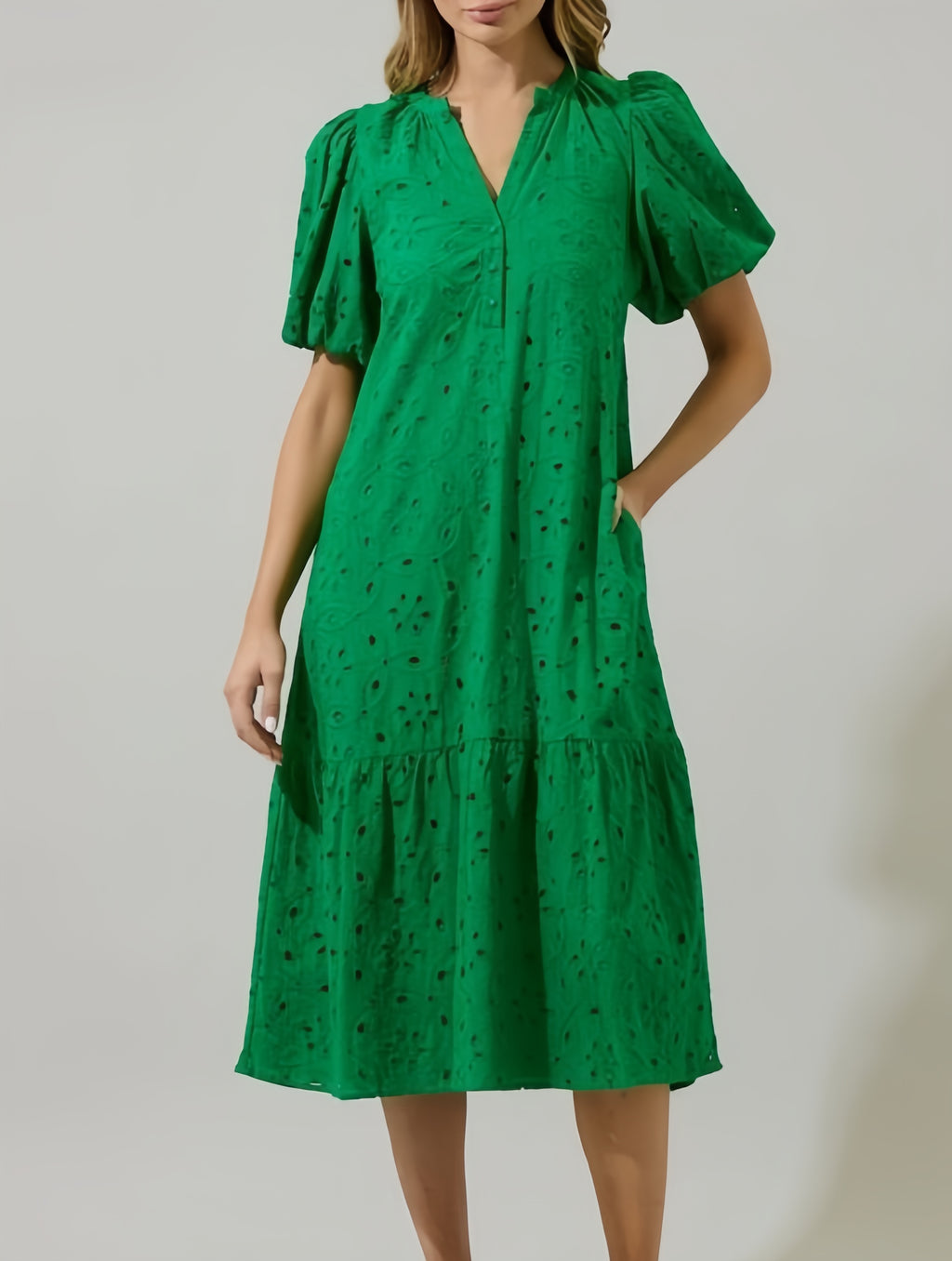 Eyelet Puff Sleeve Tiered Midi Dress - Green