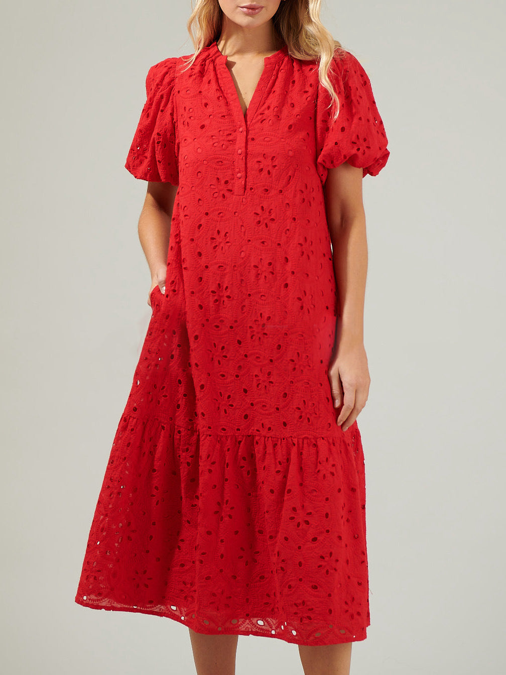 Eyelet Puff Sleeve Tiered Midi Dress - Red
