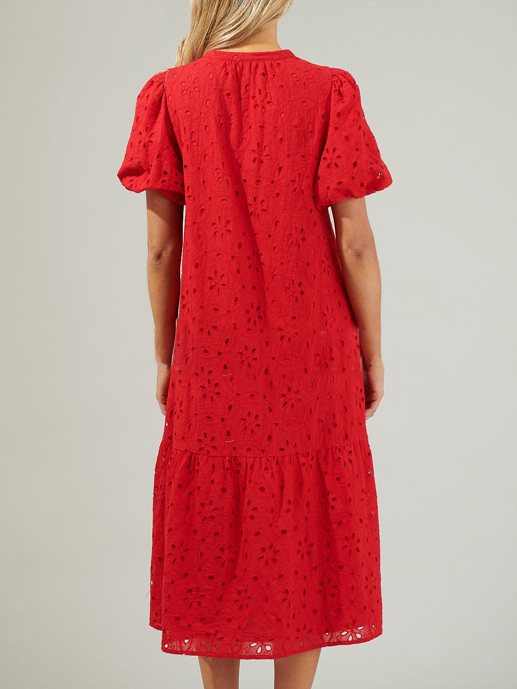 Eyelet Puff Sleeve Tiered Midi Dress - Red - 1