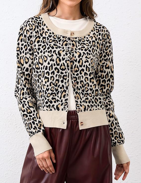 Cropped Leopard Cardigan With Contrast Ribbed Trim - Apricot