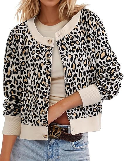 Cropped Leopard Cardigan With Contrast Ribbed Trim - Apricot - 1