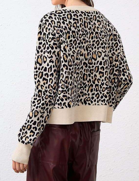 Cropped Leopard Cardigan With Contrast Ribbed Trim - Apricot - 2
