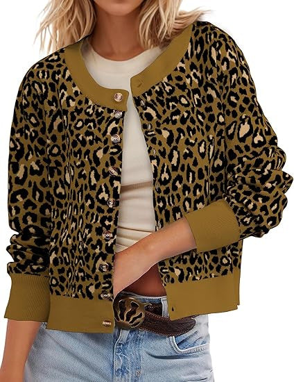 Cropped Leopard Cardigan With Contrast Ribbed Trim - Brown