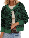 Cropped Leopard Cardigan With Contrast Ribbed Trim - Green