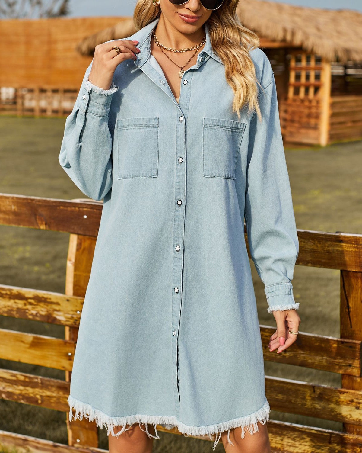 Frayed Hem Denim Shirt Dress With Pockets - Light-Blue - 2