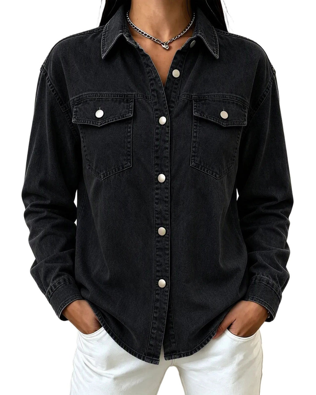 Flap Pocket Button Front Denim Shirt Jacket - Black