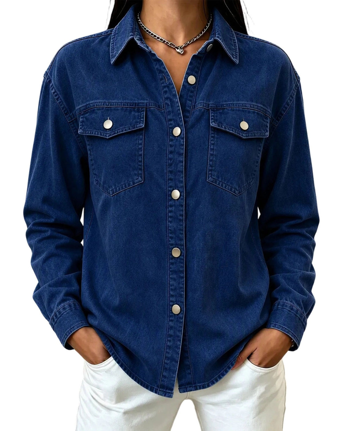 Flap Pocket Button Front Denim Shirt Jacket - Blue_Black