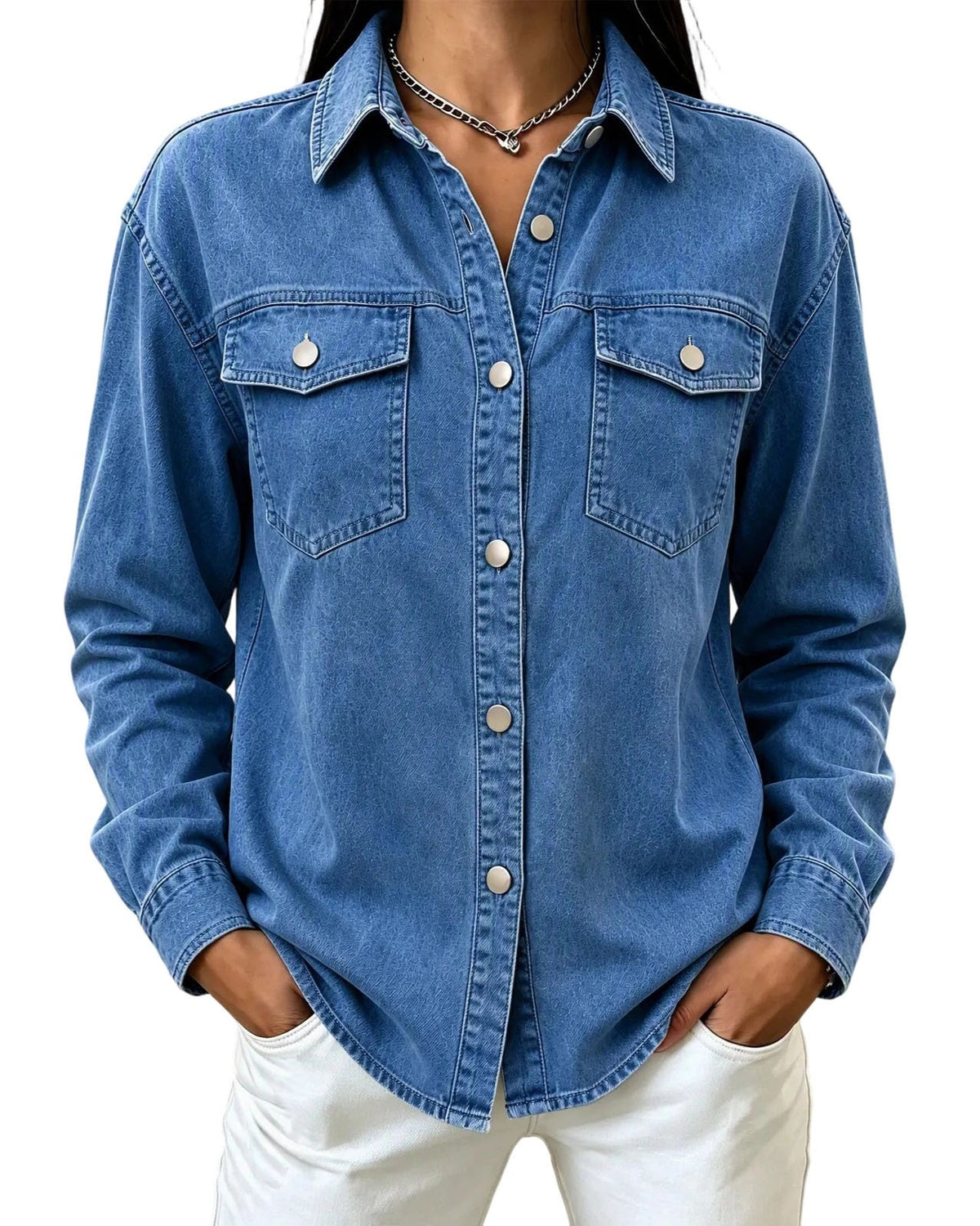 Flap Pocket Button Front Denim Shirt Jacket - Dark_Blue