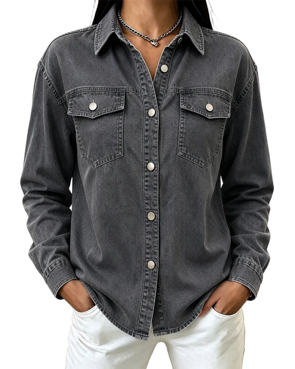 Flap Pocket Button Front Denim Shirt Jacket - Grey