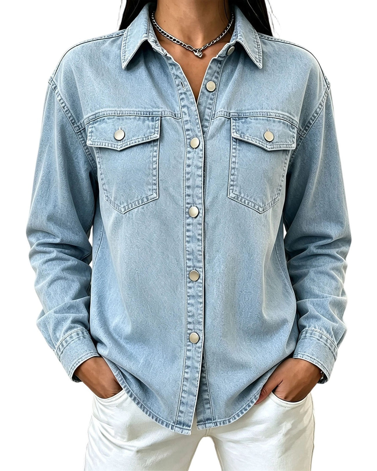Flap Pocket Button Front Denim Shirt Jacket - Light_Blue