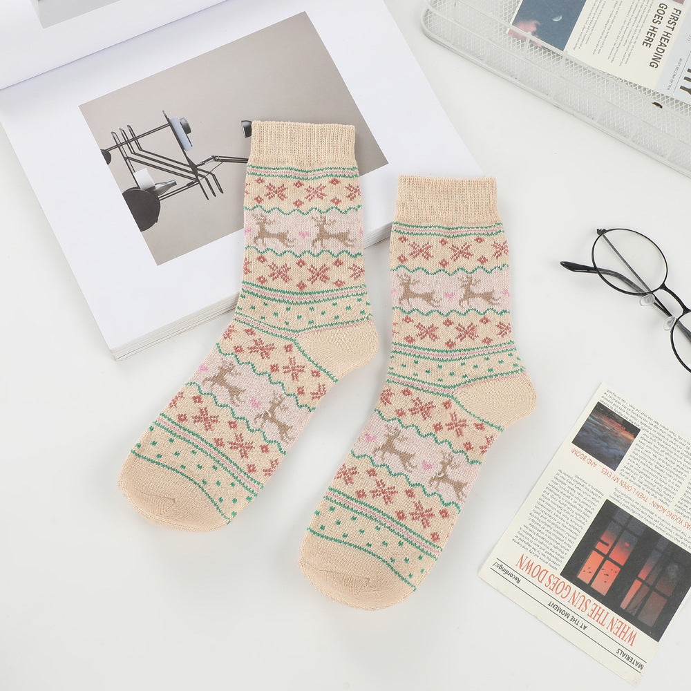 Fair Isle Reindeer Knit Crew Socks - Apricot