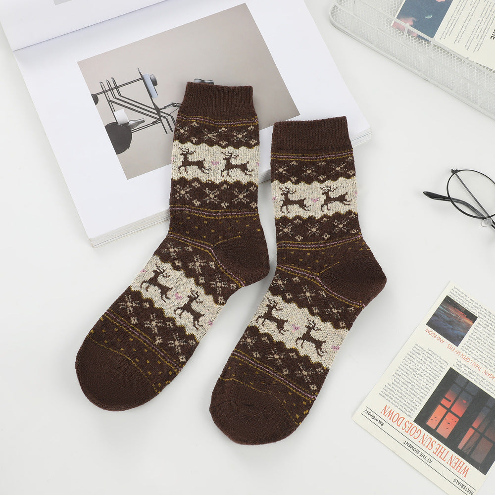 Fair Isle Reindeer Knit Crew Socks - Brown