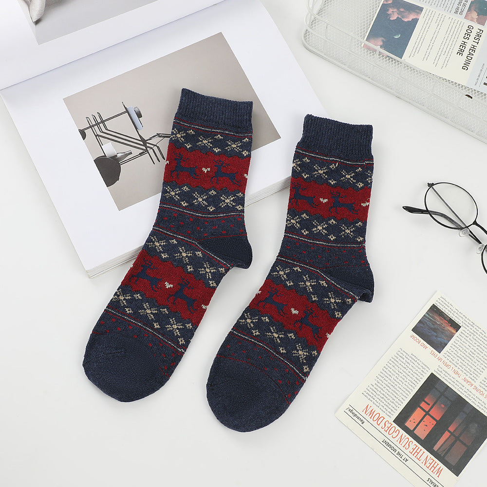 Fair Isle Reindeer Knit Crew Socks - Navy