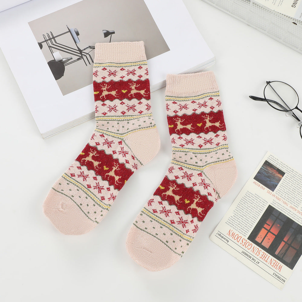 Fair Isle Reindeer Knit Crew Socks - Pink