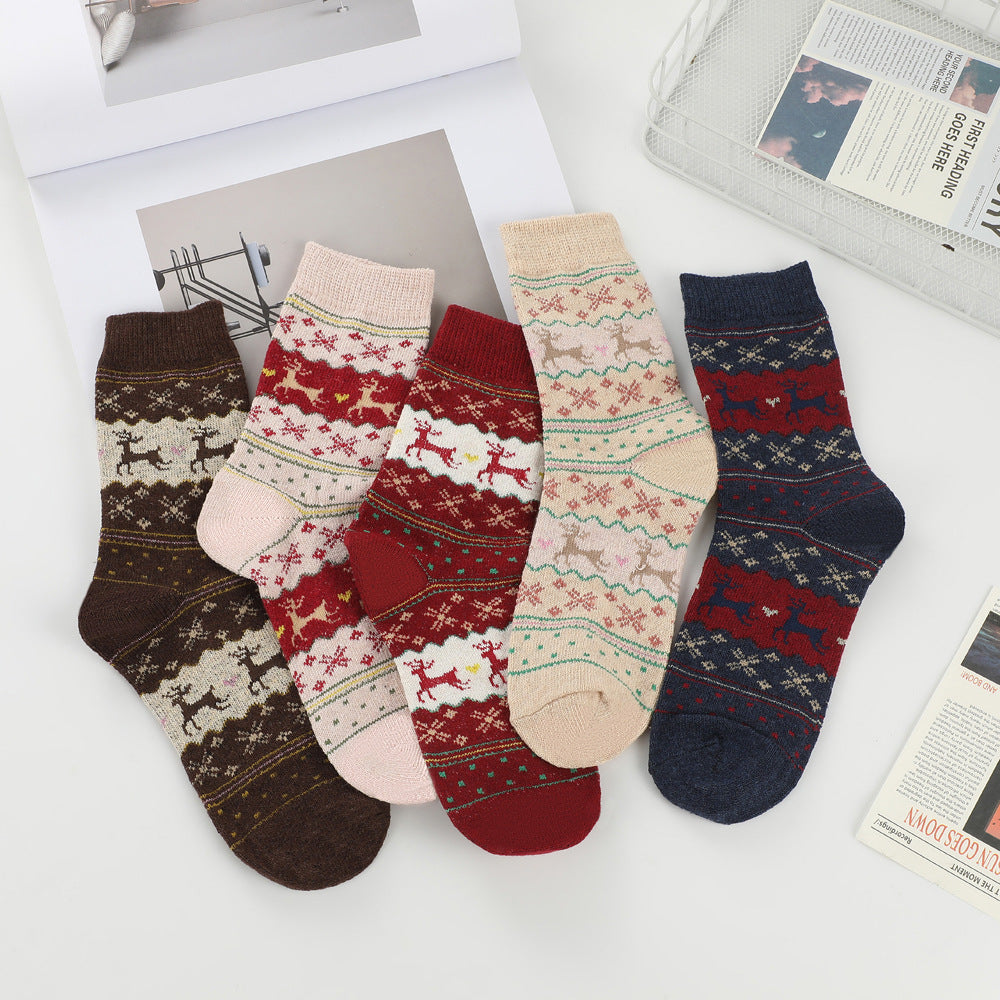 Fair Isle Reindeer Knit Crew Socks - Red