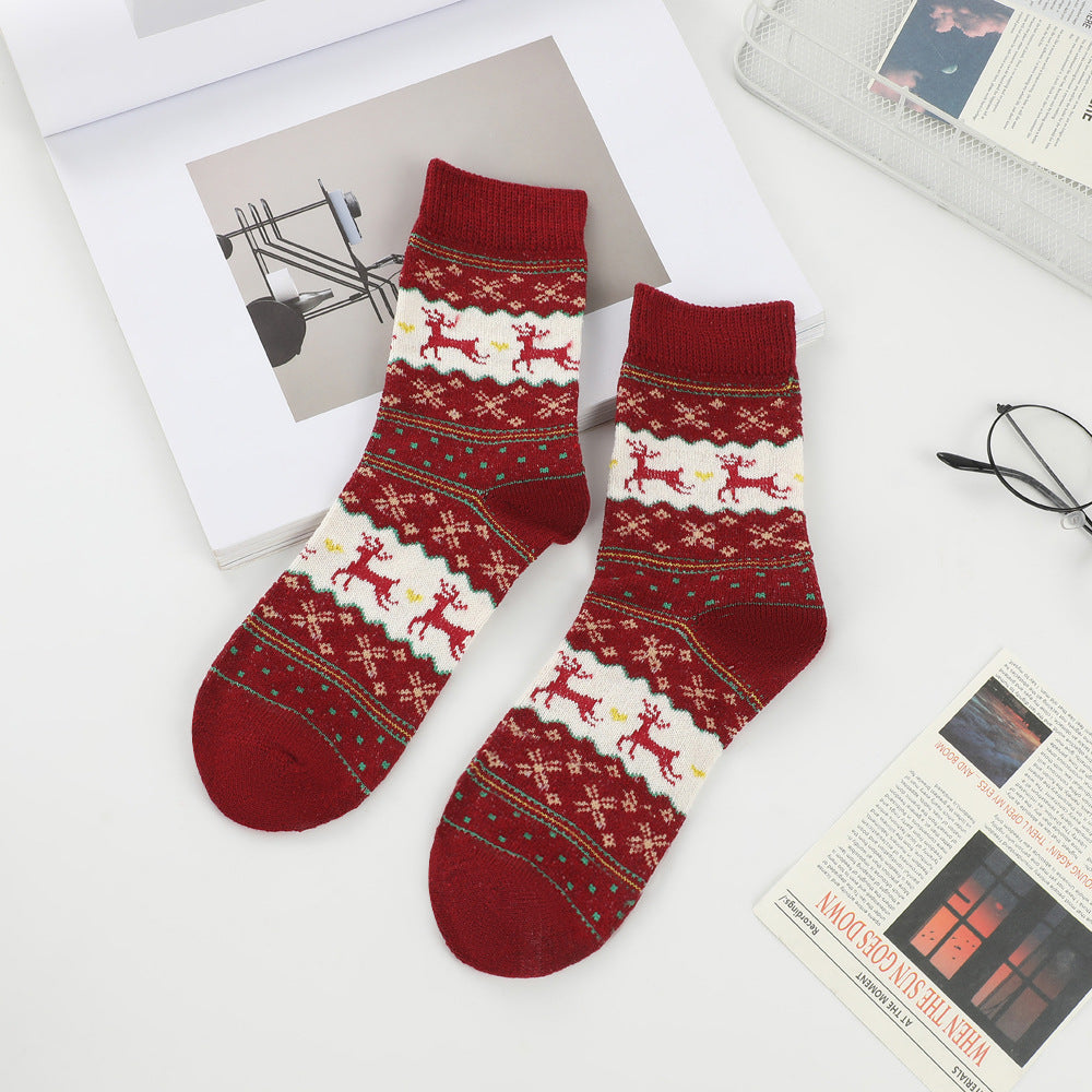 Fair Isle Reindeer Knit Crew Socks - Red - 1