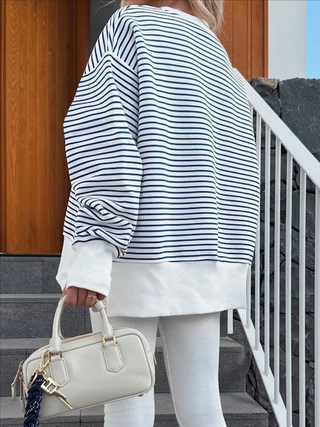 Oversized Striped Drop Shoulder Sweatshirt - Stripe - 1