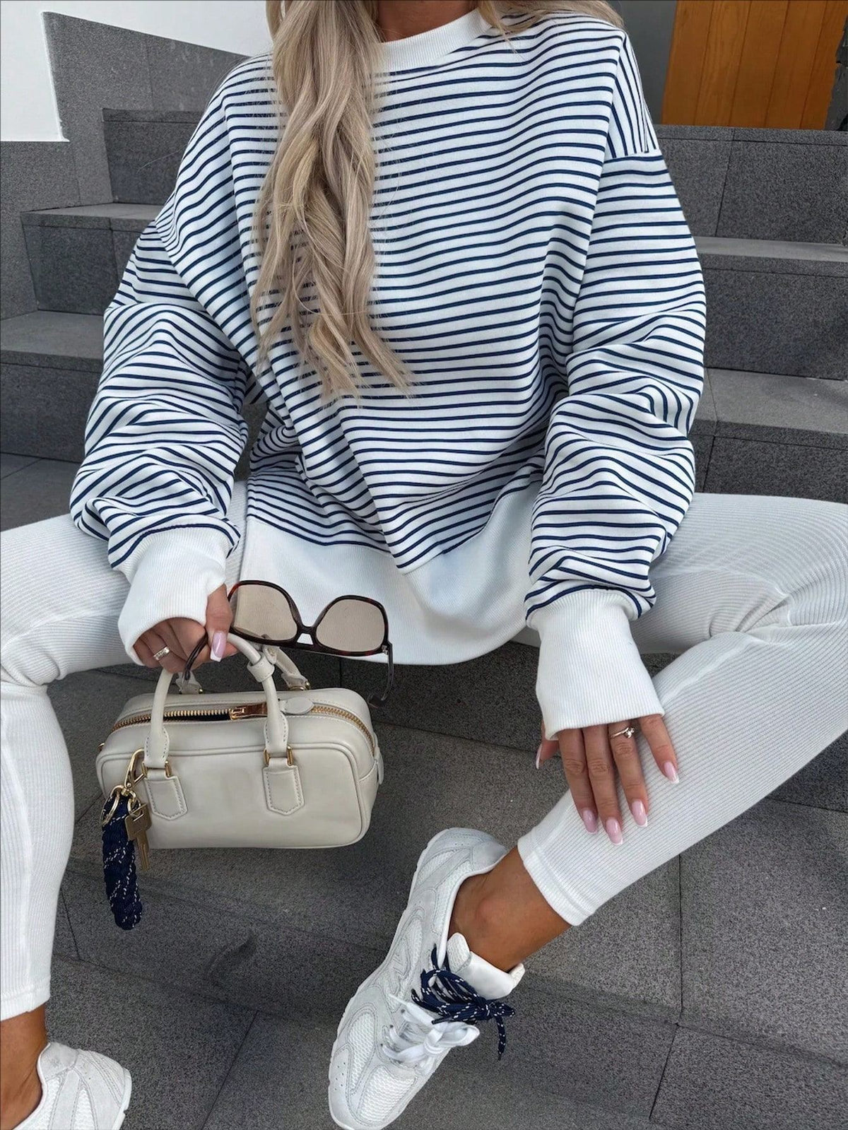 Oversized Striped Drop Shoulder Sweatshirt - Stripe - 2
