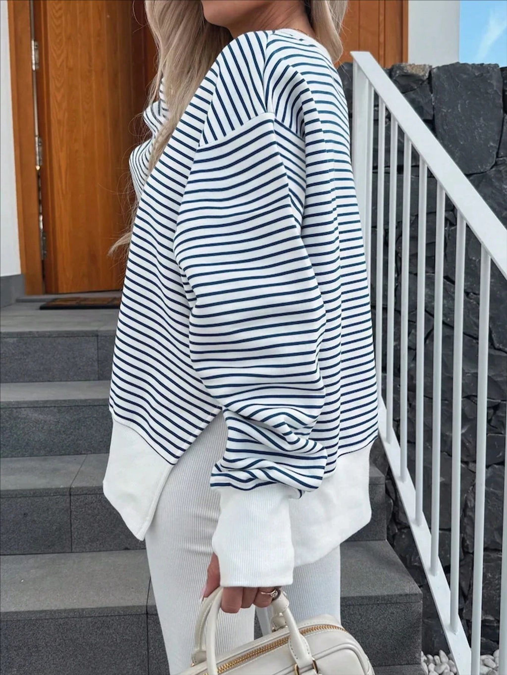 Oversized Striped Drop Shoulder Sweatshirt - Stripe - 3
