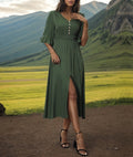 Buttoned V Neck Flutter Sleeve Midi Dress - Green
