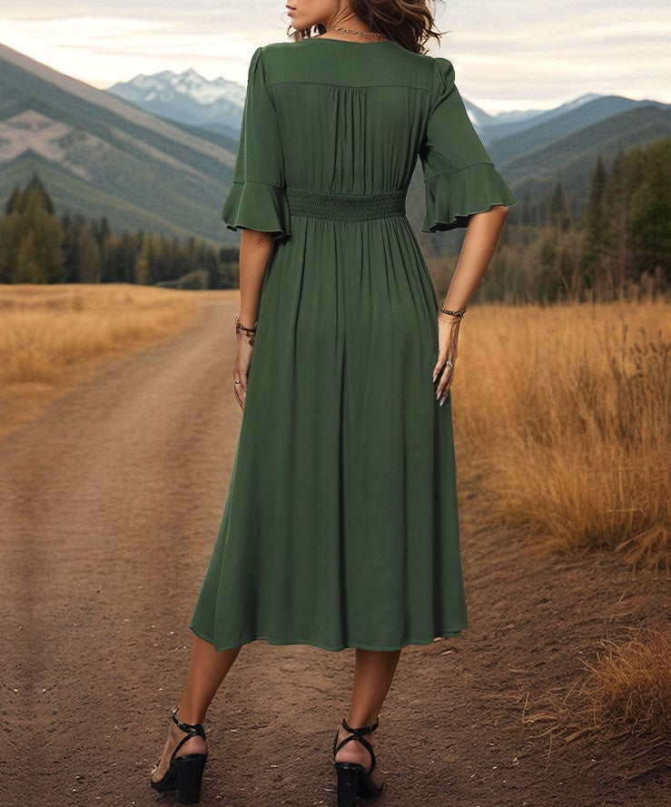 Buttoned V Neck Flutter Sleeve Midi Dress - Green - 1