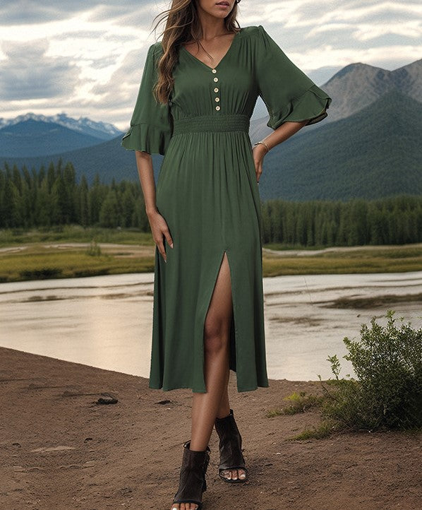 Buttoned V Neck Flutter Sleeve Midi Dress - Green - 2