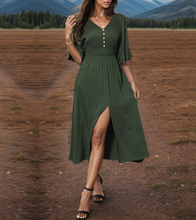 Buttoned V Neck Flutter Sleeve Midi Dress - Green - 3