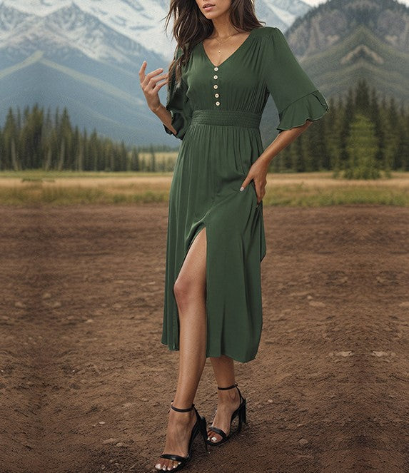 Buttoned V Neck Flutter Sleeve Midi Dress - Green - 4