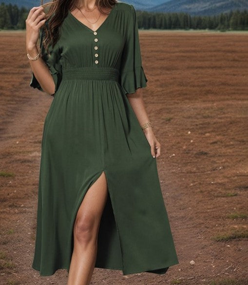 Buttoned V Neck Flutter Sleeve Midi Dress - Green - 5