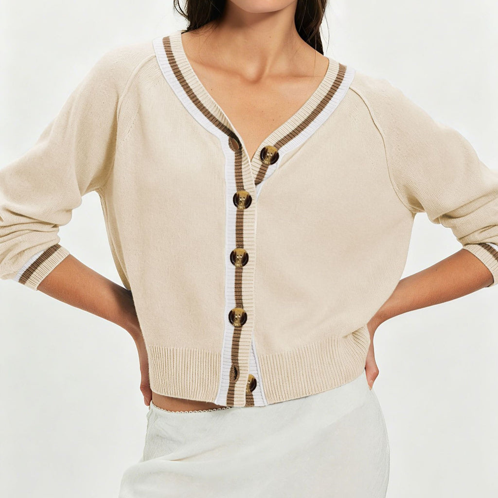 Striped Trim V Neck Knit Cardigan - Apricot