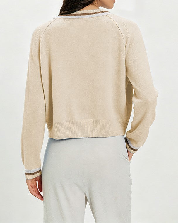 Striped Trim V Neck Knit Cardigan - Apricot - 1
