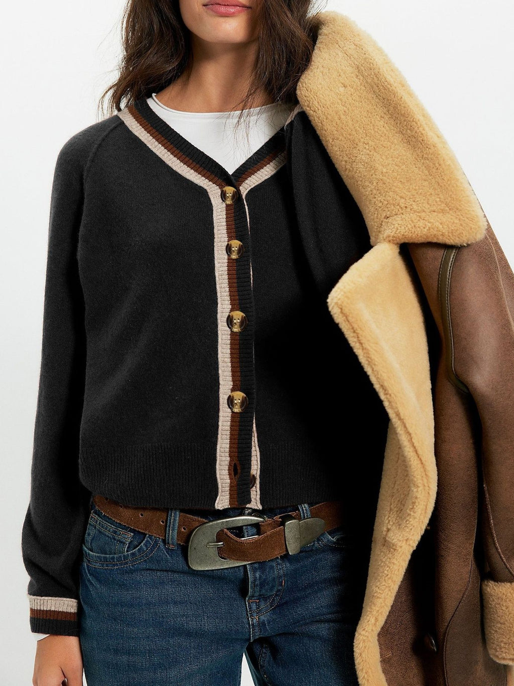 Striped Trim V Neck Knit Cardigan - Black